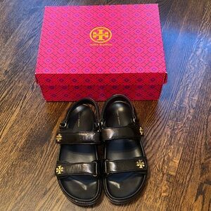 Tory Burch Kira platform sport Black Sandals with Gold Logo